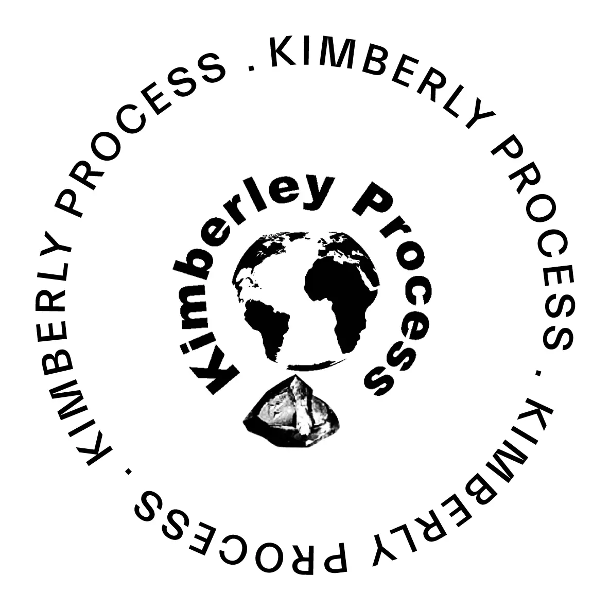 Logo of the Kimberley Process featuring a globe and a diamond, with the text "Kimberly Process" surrounding it.