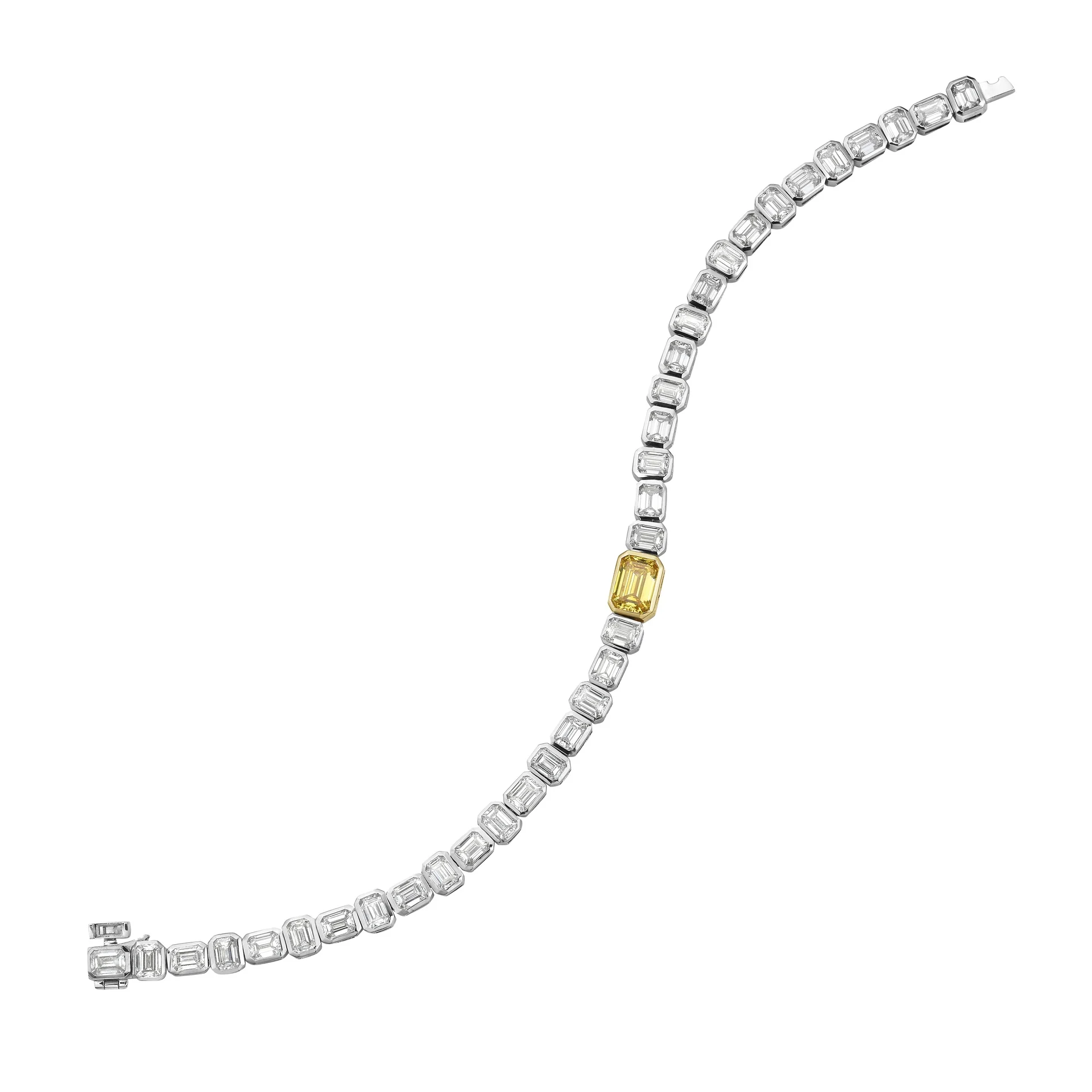 7.72 Cts 14k Two Tone Emerald Shape Station Line Tennis Bracelet - Image 2