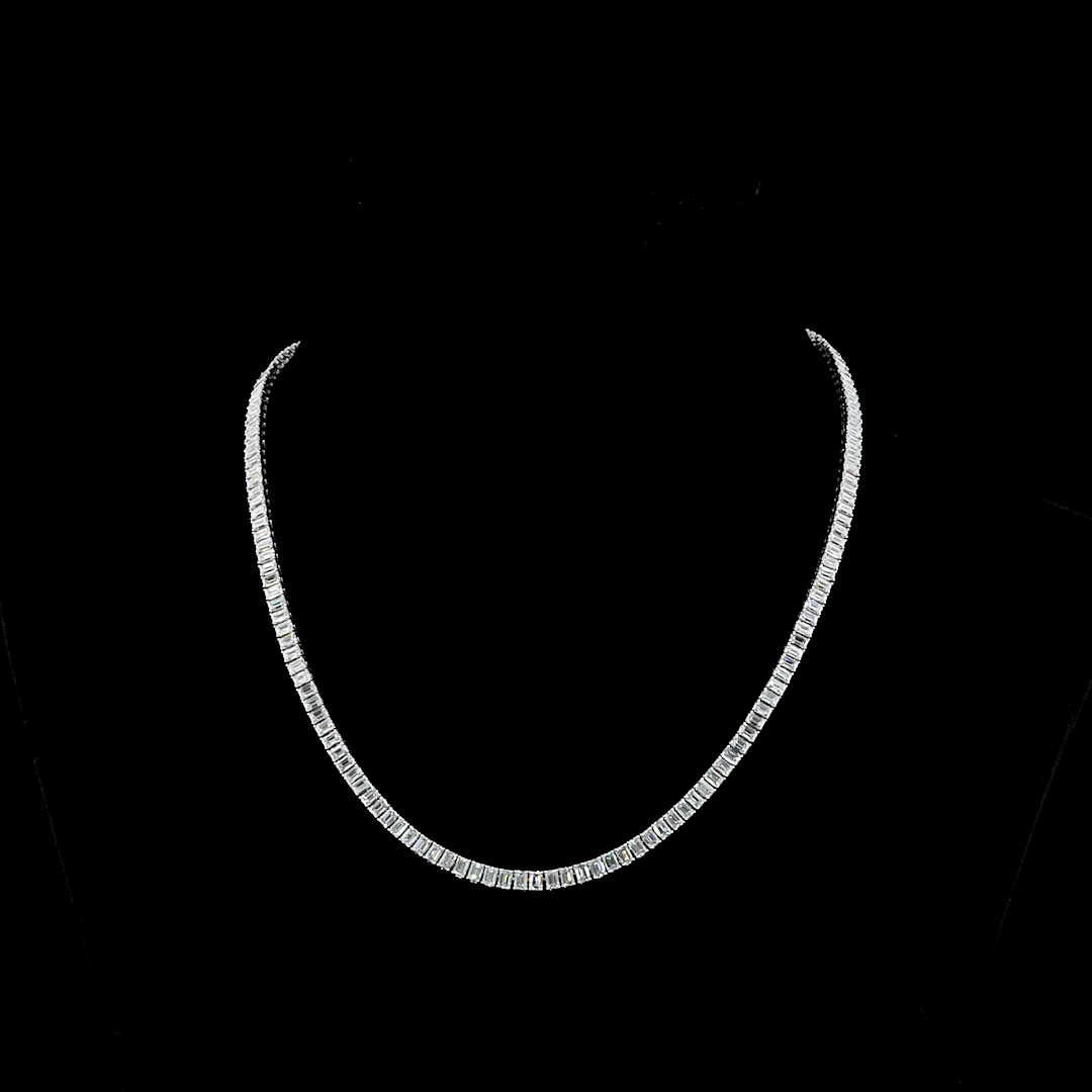 14.25 Cts 14k White Gold Emerald Shape Tennis Necklace - Video