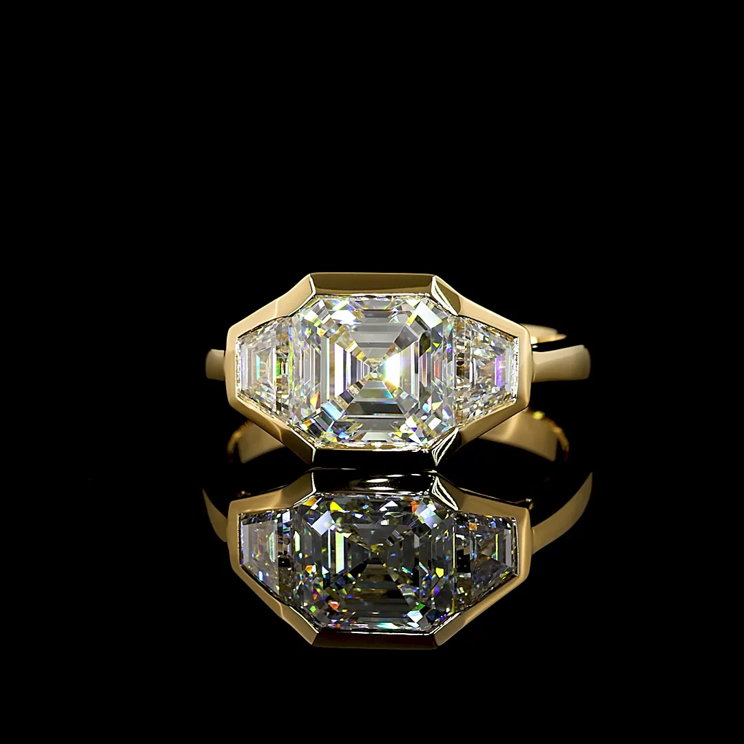 3.8 Cts 18k Yellow Gold Asscher Shape 3 Stones Ring - Video
