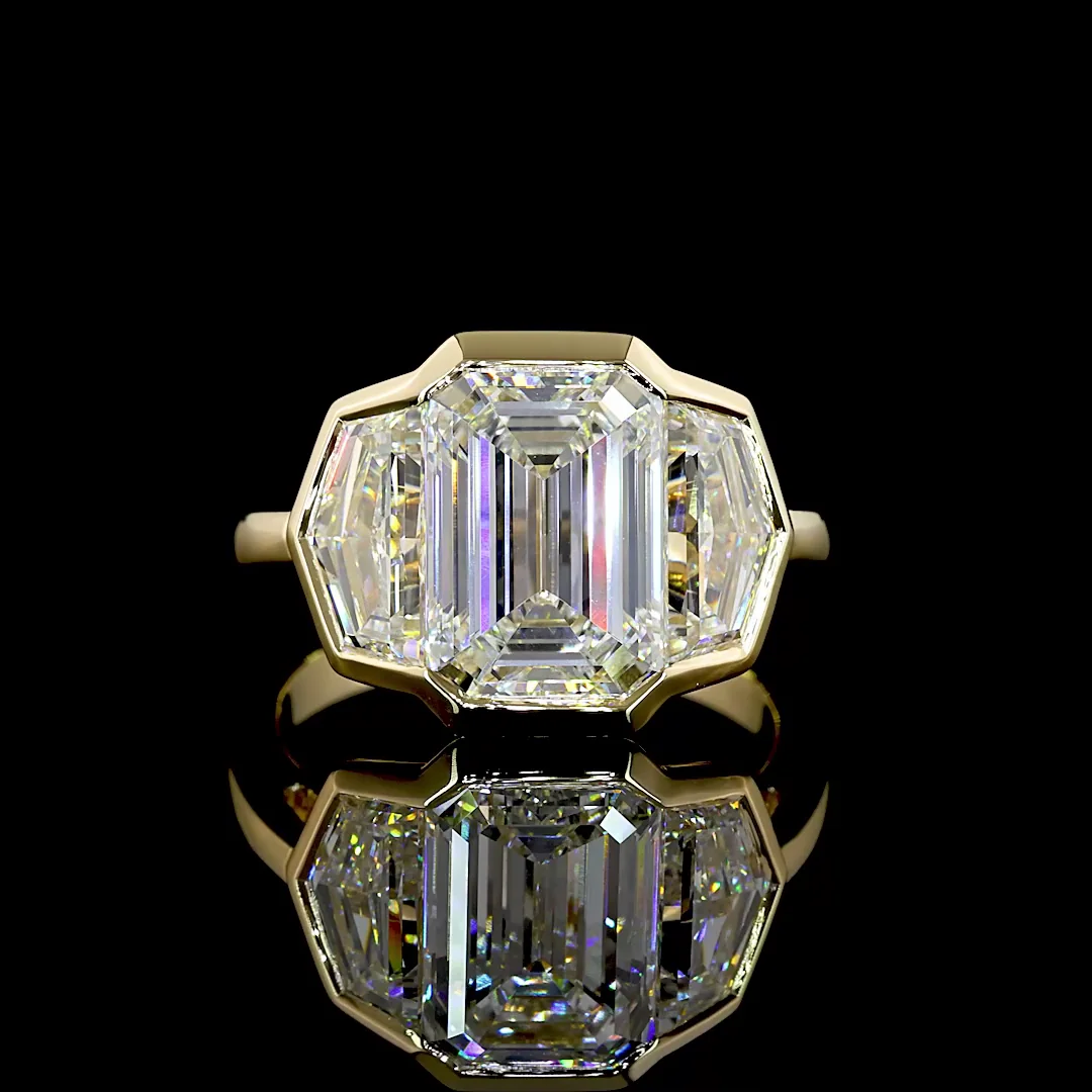 5.96 Cts 14k Yellow Gold Emerald Shape 3 Stones Ring - Video