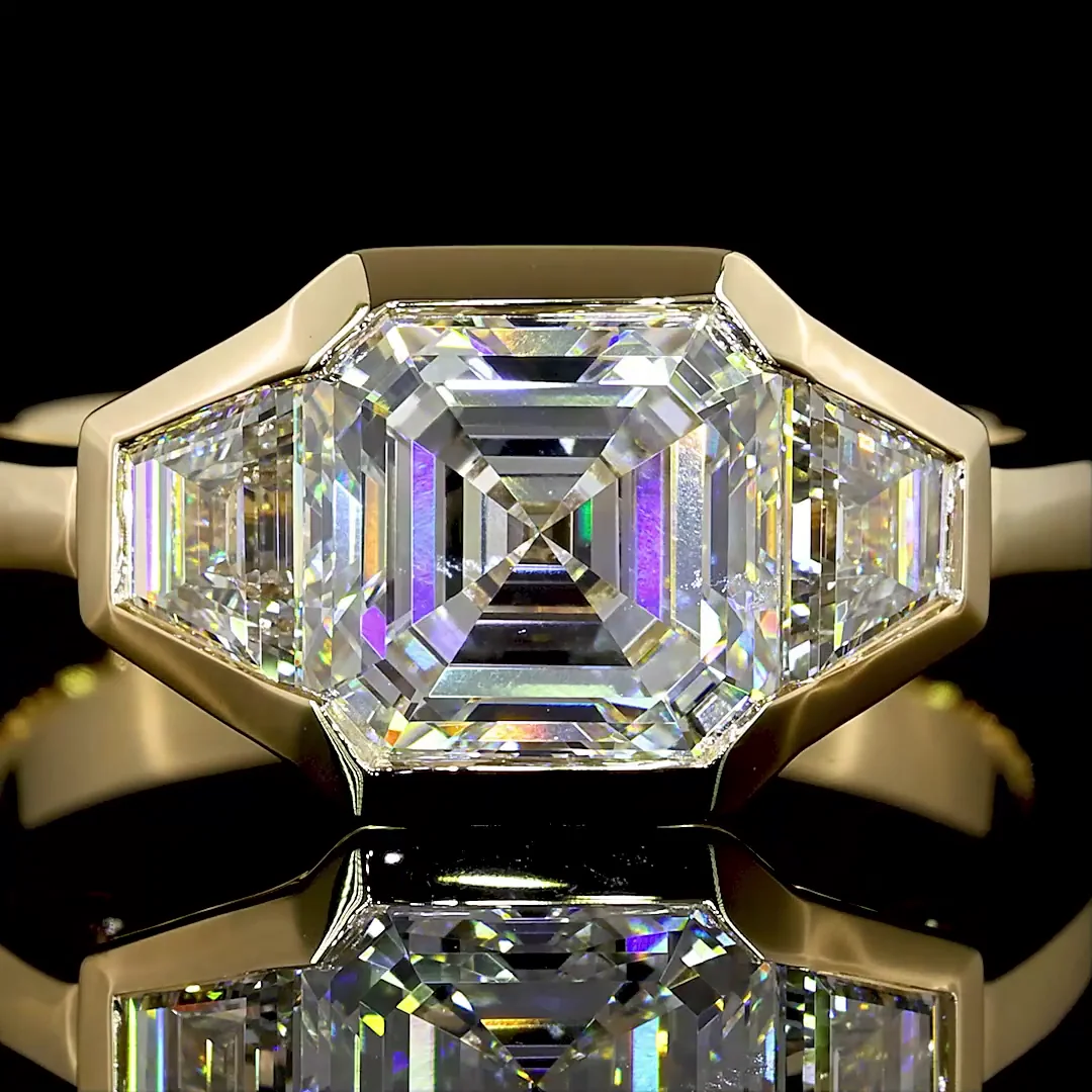 2.58 Cts 14k Yellow Gold Asscher Shape 3 Stones Ring - Image 3
