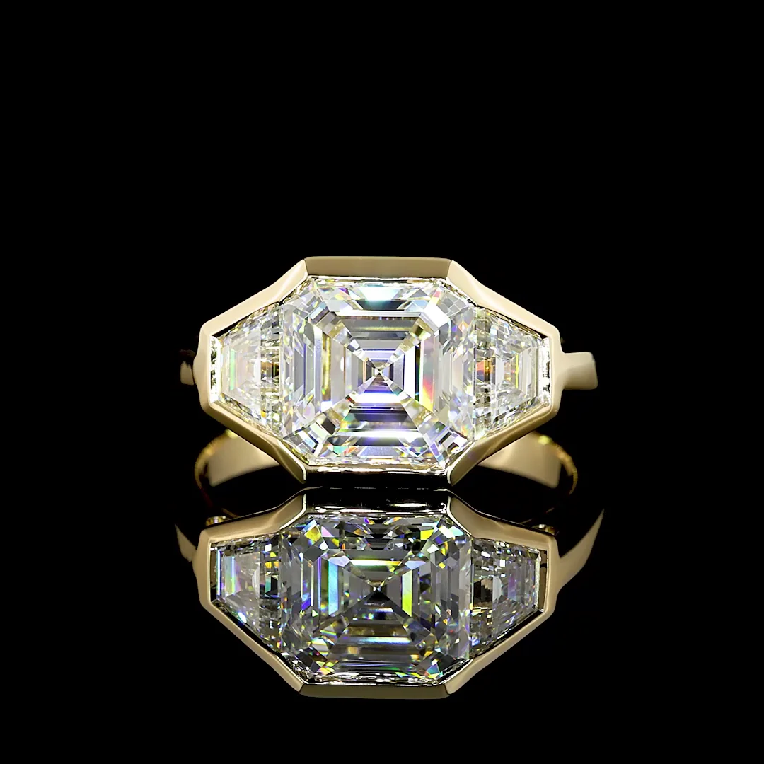 3.73 Cts 14k Yellow Gold Asscher Shape 3 Stones Ring - Video
