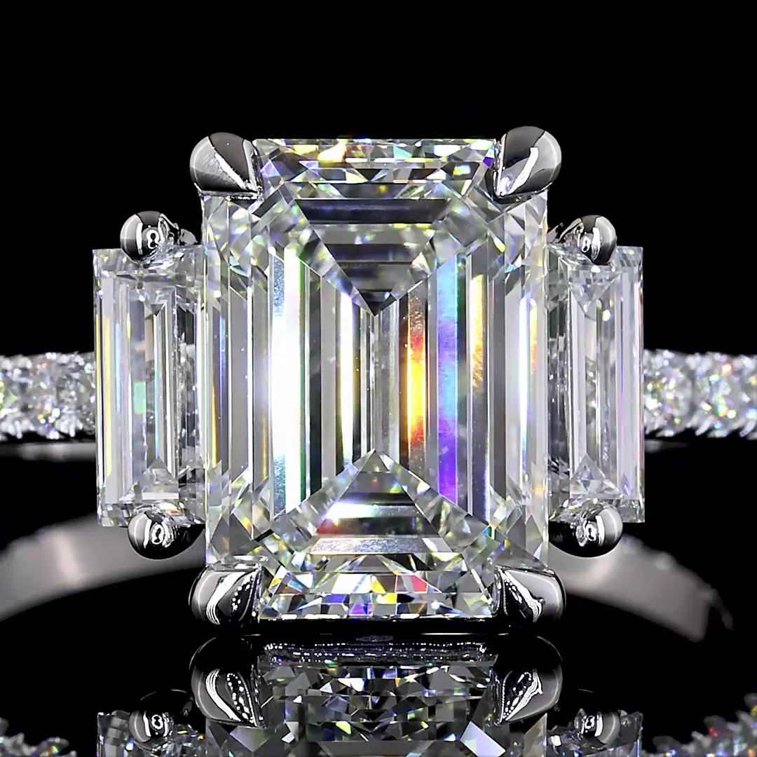 3.42 Cts 14k White Gold Emerald Shape 3stone Diamondshank Ring - Image 3