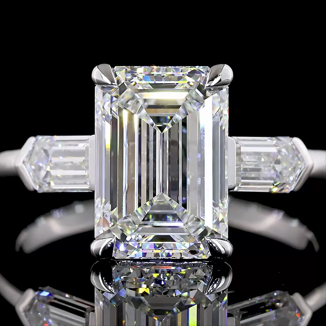 3.81 Cts 14k White Gold Emerald Shape 3 Stones Ring - Image 3