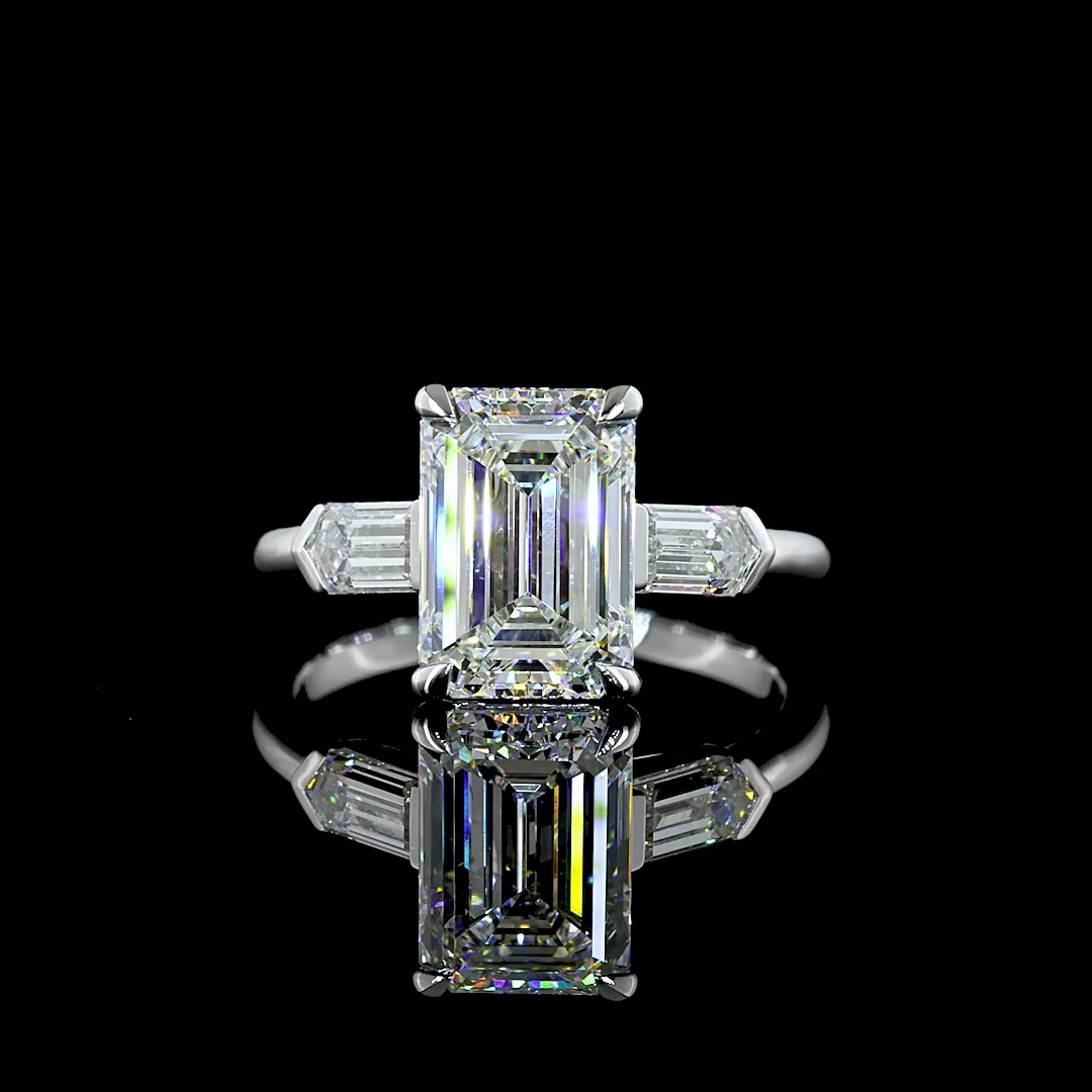 3.81 Cts 14k White Gold Emerald Shape 3 Stones Ring - Video