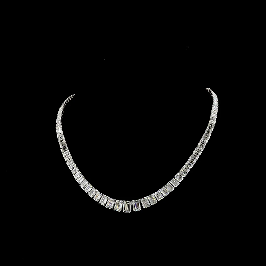 47.16 Cts 14k White Gold Emerald Shape Riviera Necklace - Video