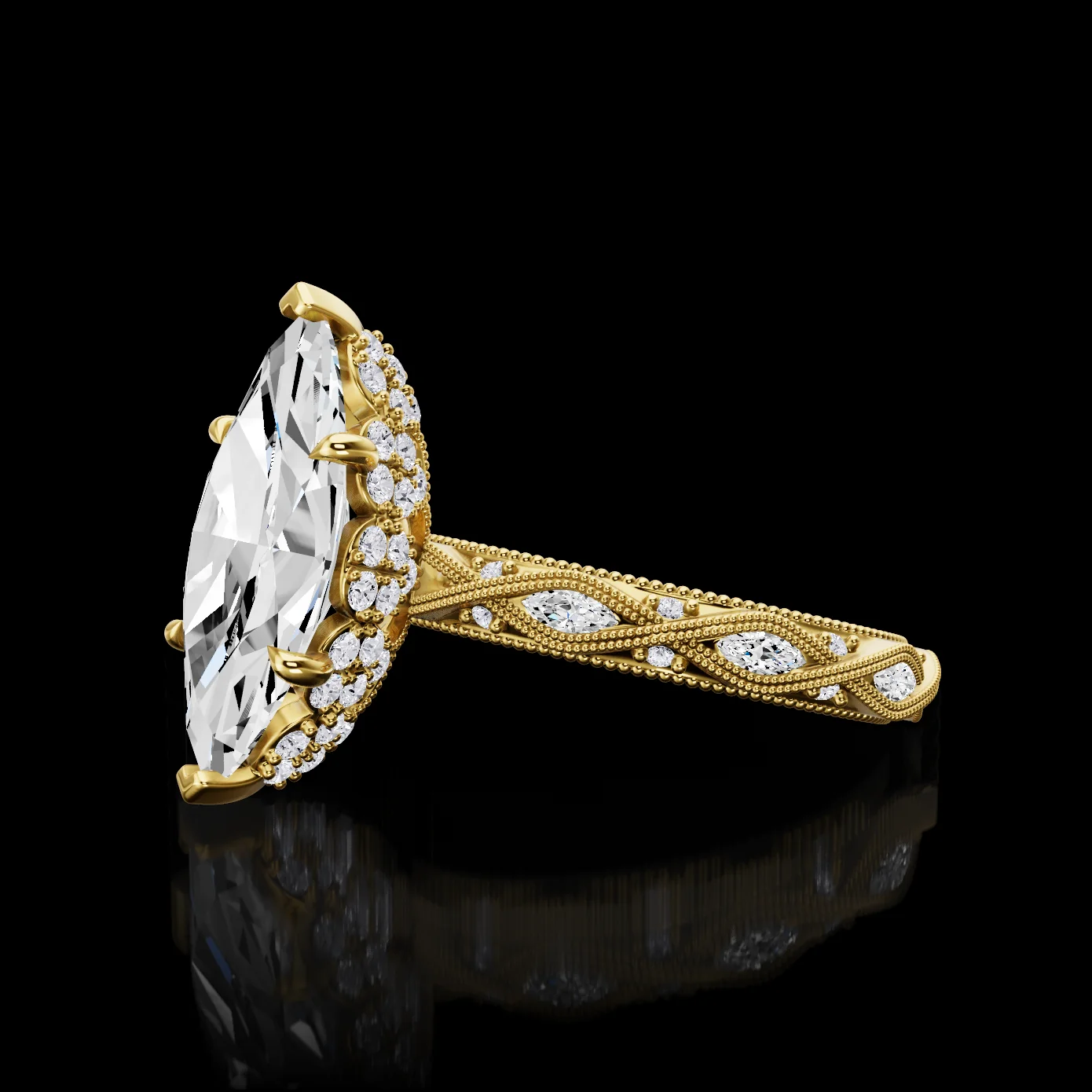 0.65 Cts 18k Yellow Gold Marquise Shape Hidden Halo Ring - Image 2