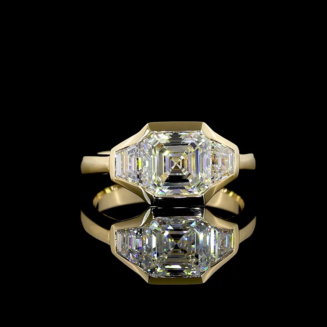 2.62 Cts 14k Yellow Gold Asscher Shape 3 Stones Ring - Video