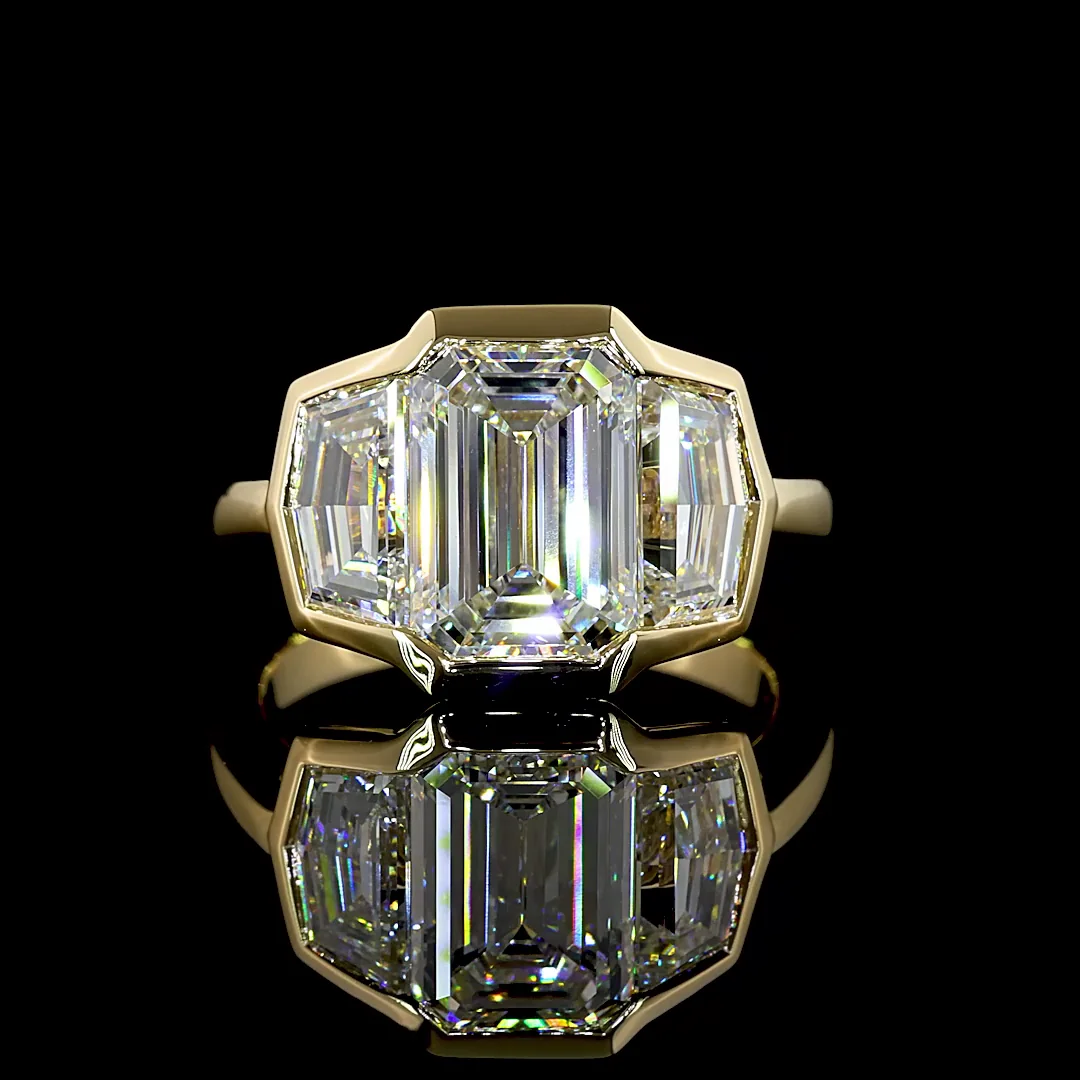4.65 Cts 14k Yellow Gold Emerald Shape 3 Stones Ring - Video