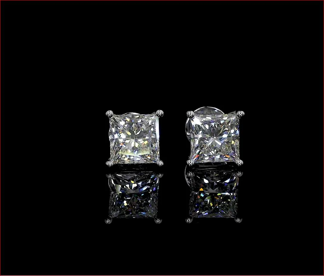5.27 Cts 14k White Gold Princess Shape Studs Earring - Video