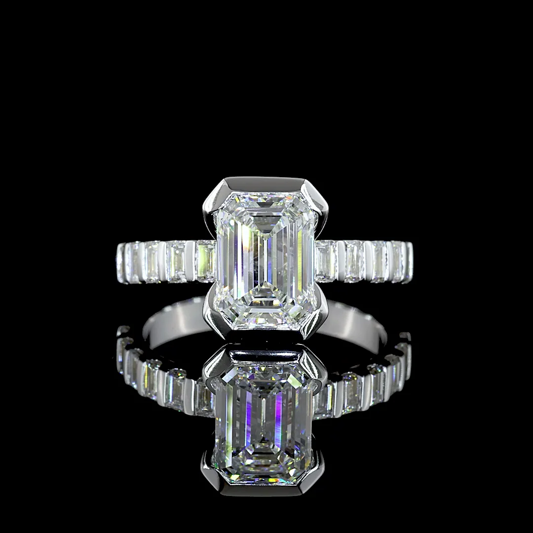2.74 Cts 14k White Gold Emerald Shape Hidden Halo Ring