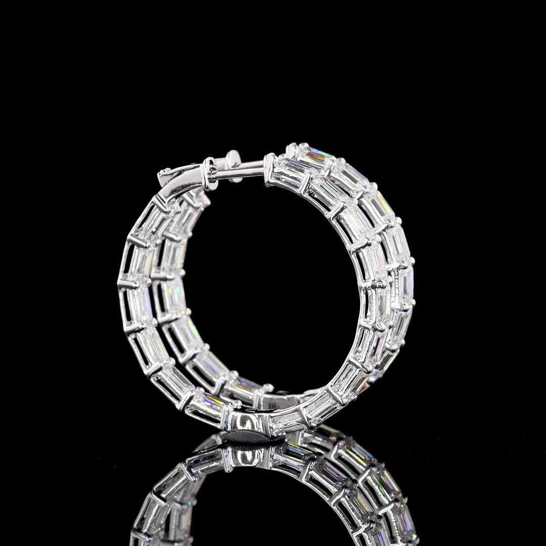 7.3 Cts 14k White Gold Emerald Shape Hoops Earring