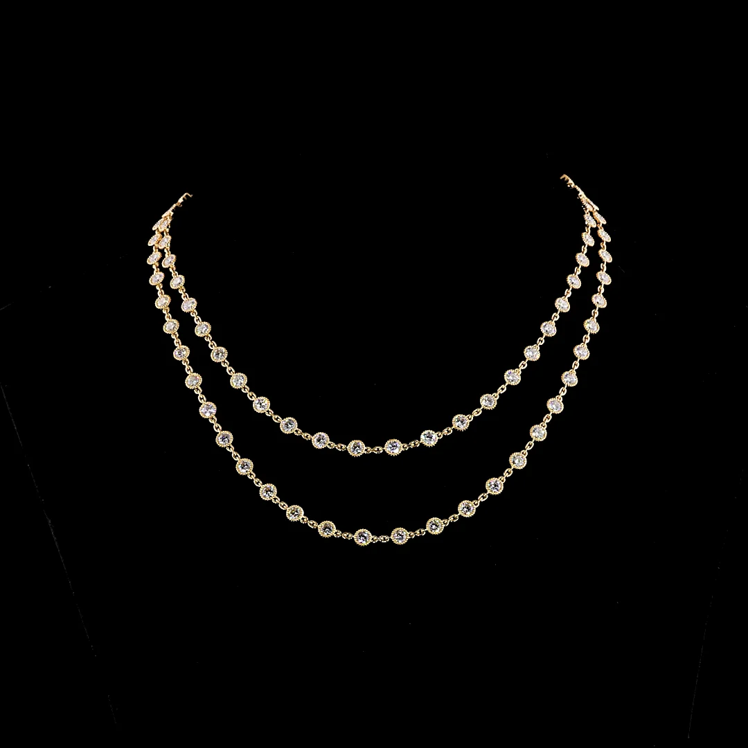 14.06 Cts 18k Yellow Gold Round Shape Double Strand Station Necklace