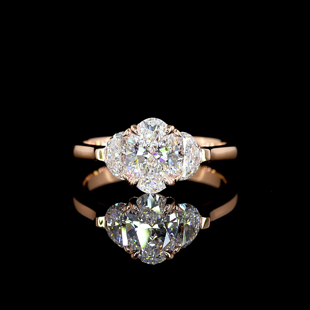 1.48 Cts 14k Rose Gold Oval Shape 3 Stones Ring